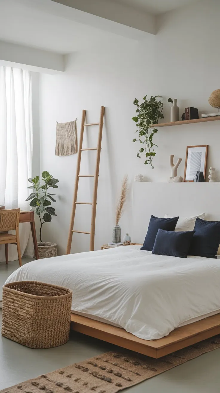 Serene minimalist boho bedroom blends Japanese influences with natural textures and calming whites.