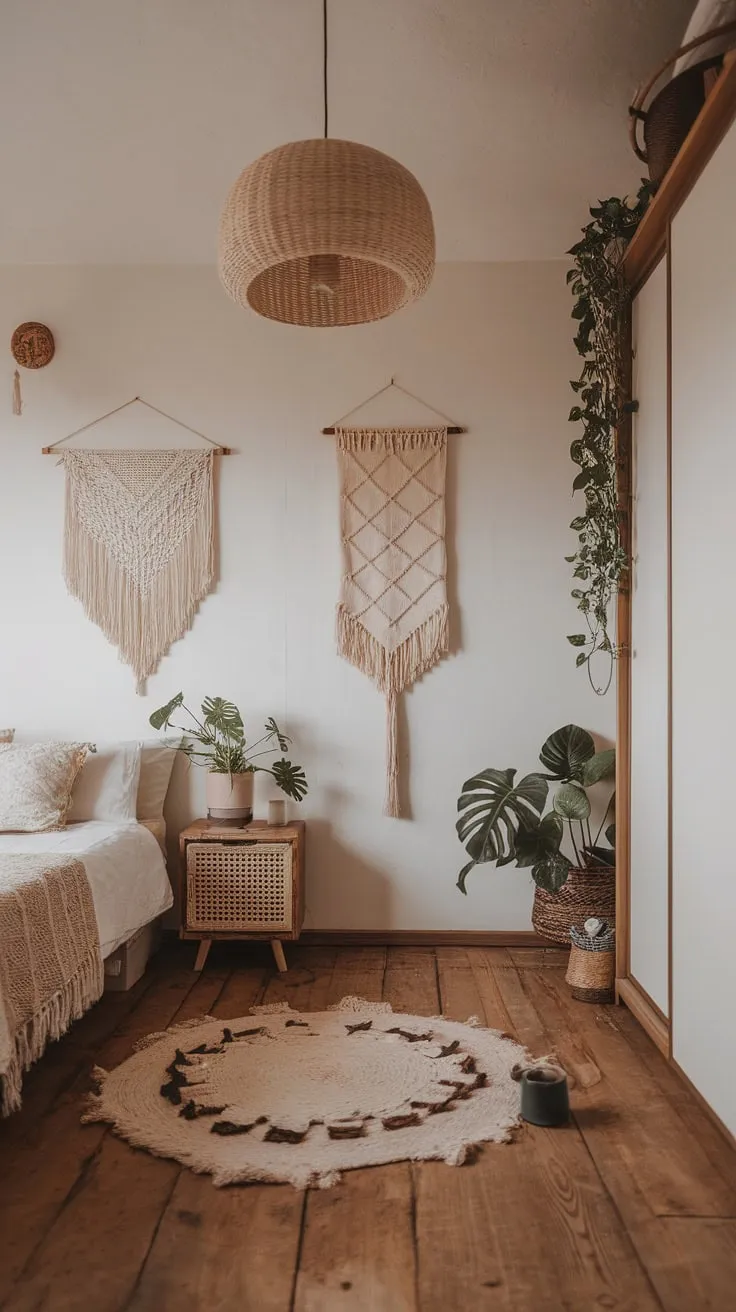 A minimalist boho bedroom blends Japanese influences with natural wood and calming neutral tones.
