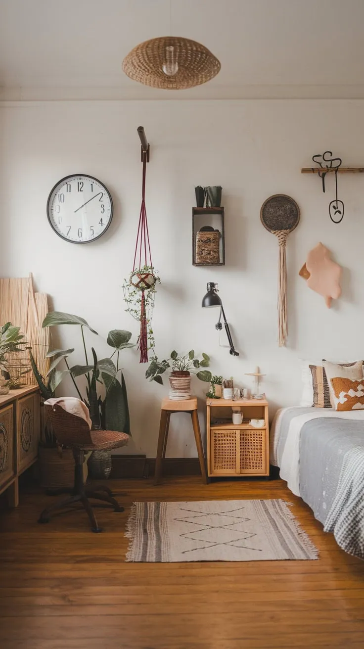 A tranquil boho bedroom blends Japanese influences with simple furnishings and natural elements for a peaceful retreat.