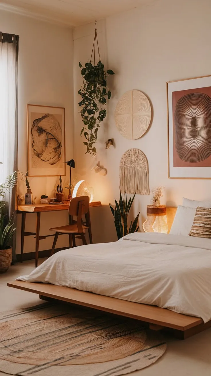 A serene Japanese-inspired boho bedroom blends minimalist design with natural elements and artistic accents for a tranquil retreat.