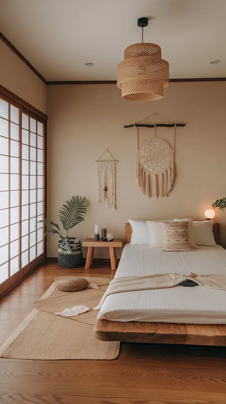 Beige walls and a low wooden bed create a peaceful haven in this minimalist boho bedroom infused with Japanese design elements.