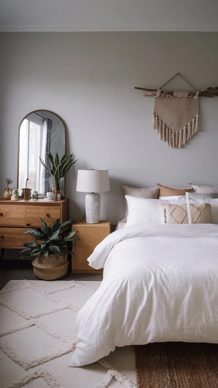 Light gray walls and a king-size bed define a minimalist boho bedroom infused with Japanese and Asian influences, offering a unique living space feel.