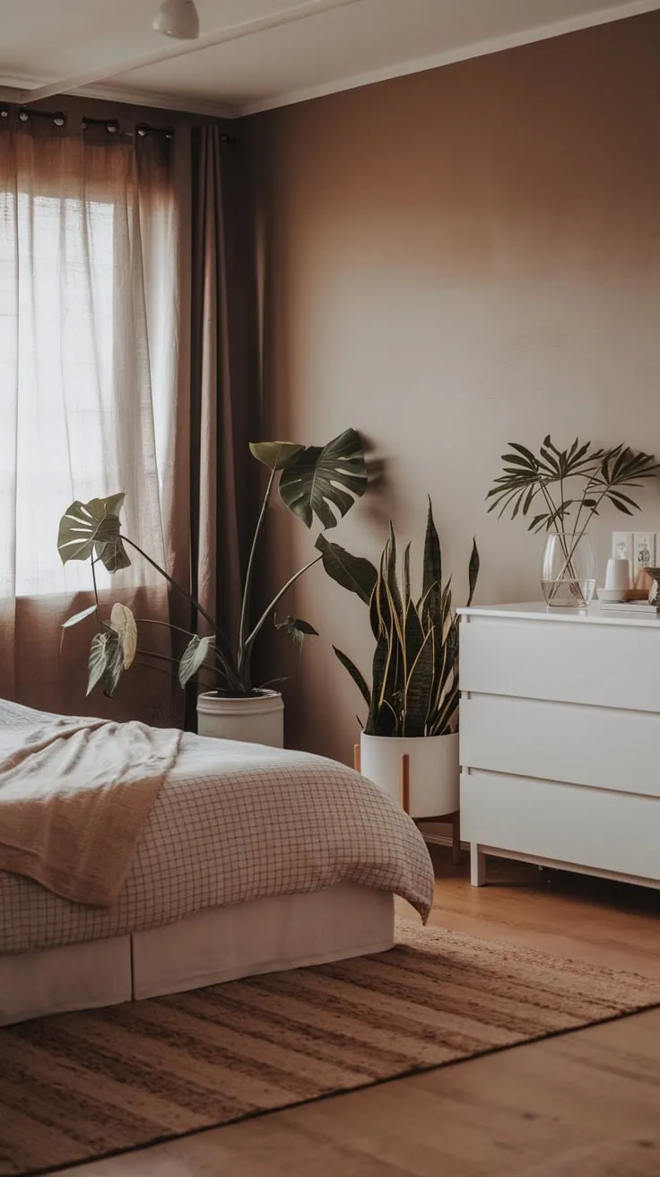 A queen-size bed anchors a tranquil boho bedroom infused with Japanese minimalism, its muted palette accented by lush plants and warm lighting.