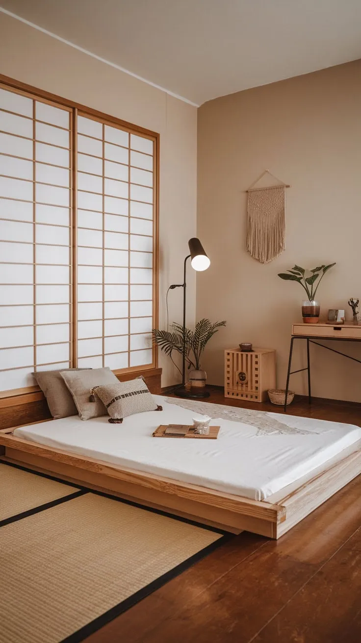 Serene beige walls and a shoji screen create a minimalist Japanese-inspired boho bedroom sanctuary.