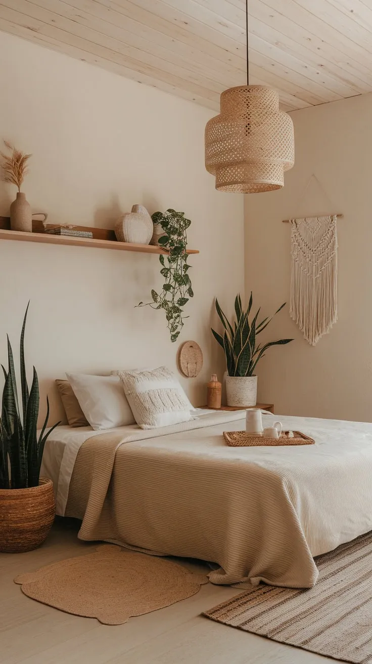 A calming minimalist boho bedroom blends Asian influences with natural textures and pops of greenery for a peaceful retreat.