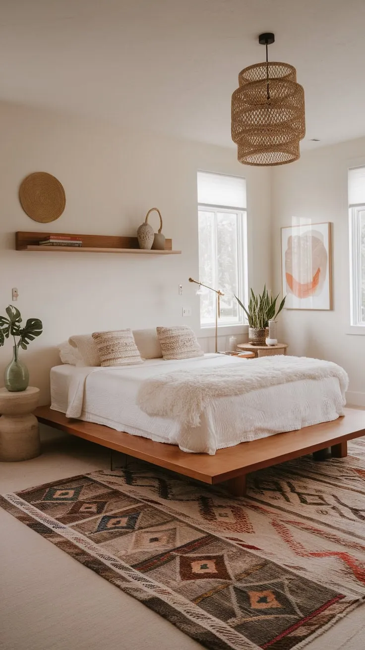 A serene boho bedroom showcases a simple wooden bed, natural light, and woven textures for a peaceful retreat.