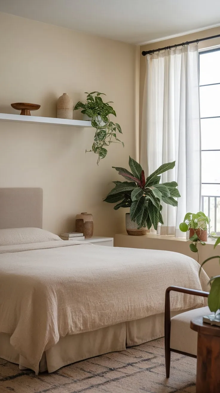 Serene beige tones and minimalist Asian-inspired decor create a peaceful boho bedroom sanctuary