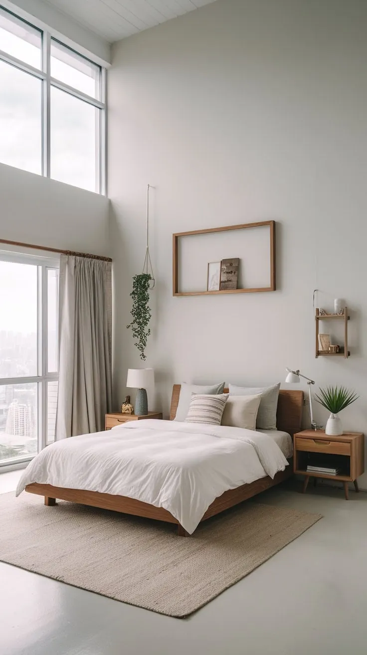 A minimalist boho bedroom, infused with Asian and Japanese aesthetics, boasts high ceilings, city skyline views, and serene wooden accents.