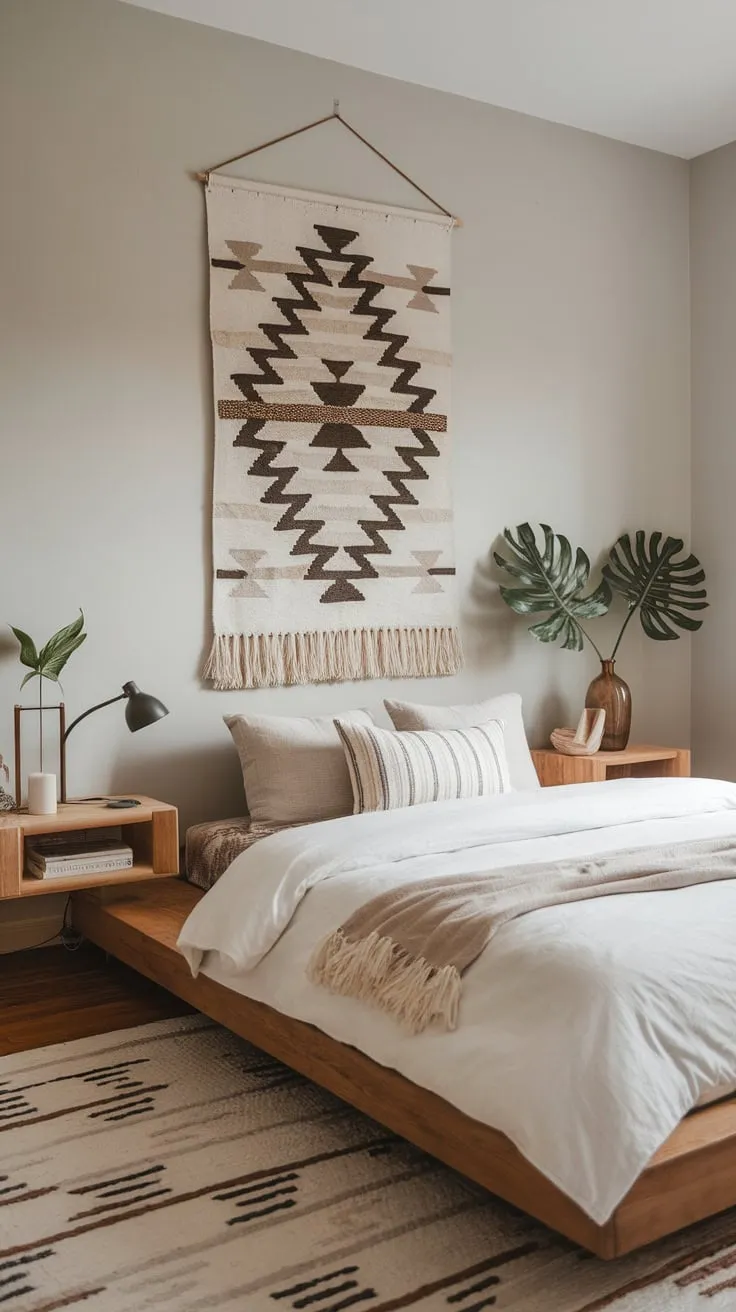 Minimalist boho chic meets calming gray walls and natural wood in this serene bedroom sanctuary
