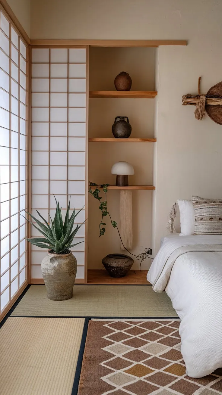Serene beige walls and a tatami mat ground a minimalist boho bedroom infused with Japanese design elements