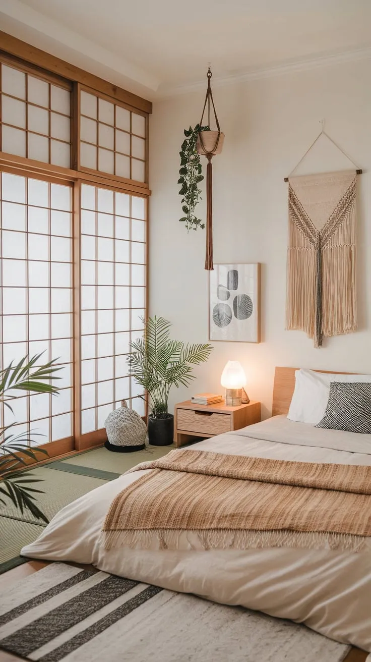 A minimalist boho bedroom blends Japanese influences, a woven queen bed, and natural elements for a serene and stylish space