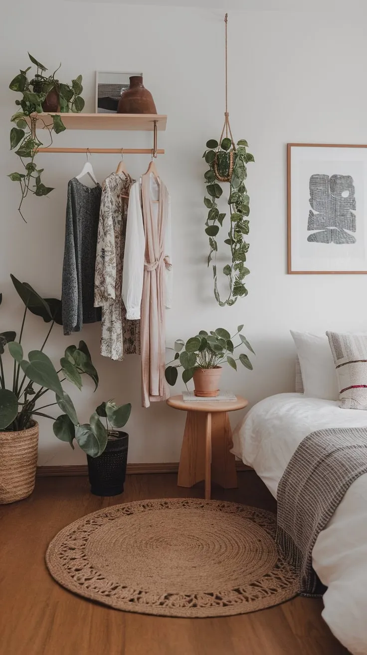 Calming Asian influences blend with boho style in a white-walled bedroom featuring wood, plants, and simple artwork.