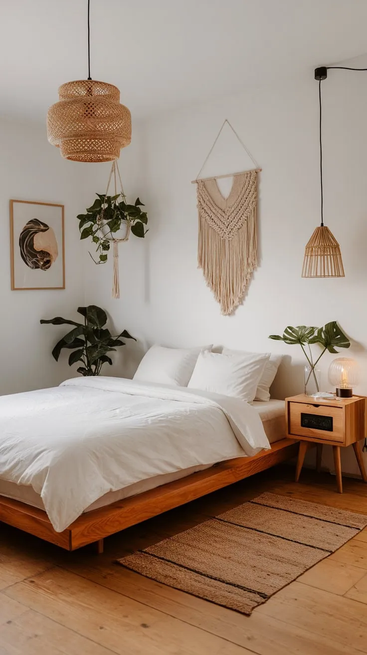 Serene minimalist boho bedroom blends Japanese aesthetics with natural wood, woven textures, and carefully curated plants for a tranquil atmosphere