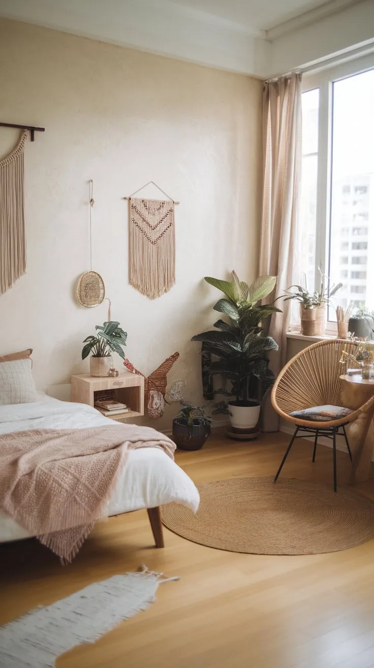 A light-filled haven, this minimalist boho bedroom blends Asian influences with natural textures for a tranquil retreat.