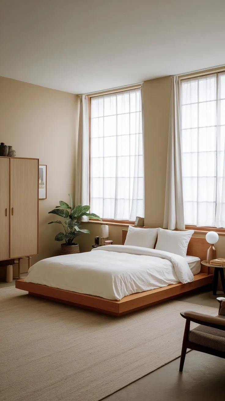 A calming boho bedroom blends Japanese minimalism with natural textures and soft light for a peaceful retreat.
