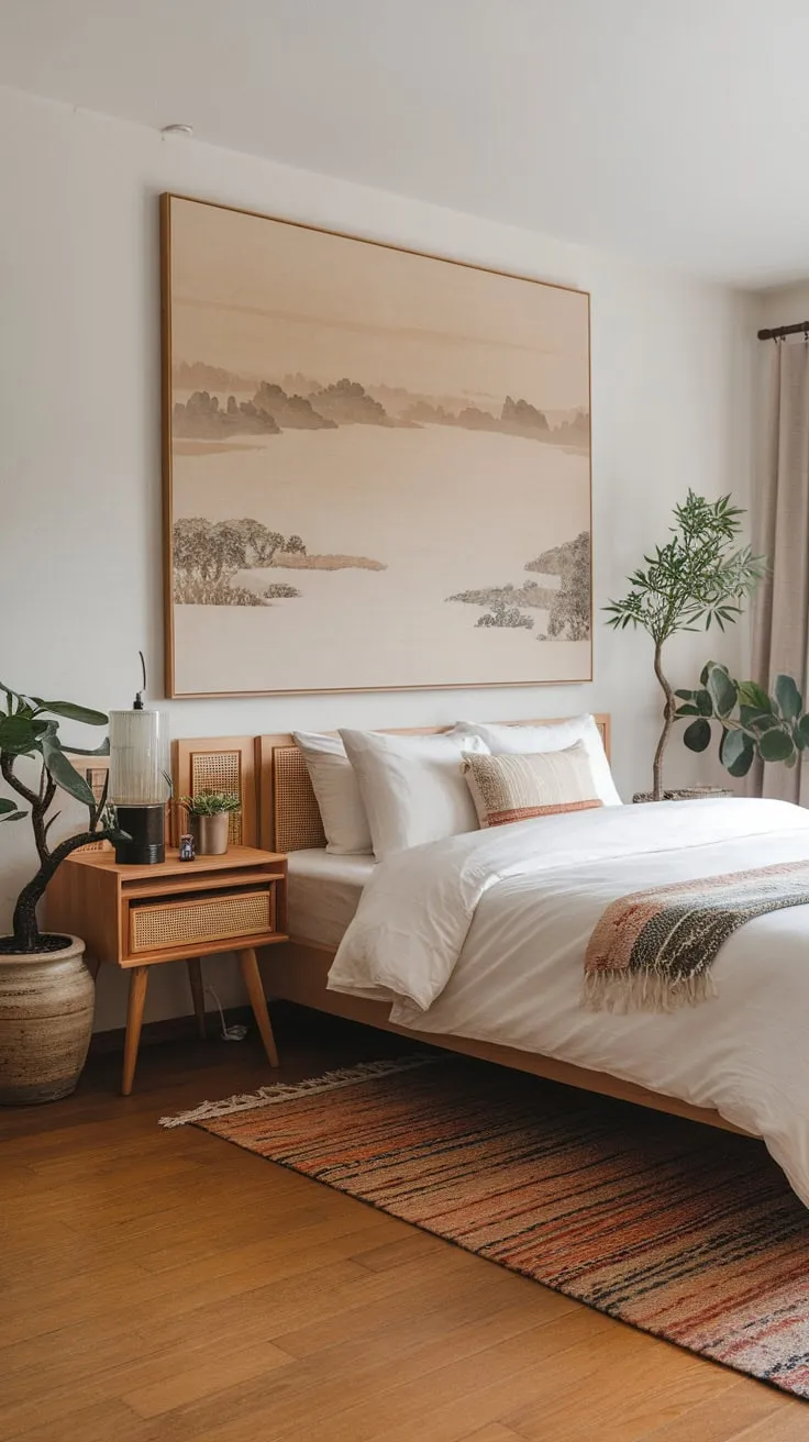 A minimalist queen-size bed, natural wood accents, and calming artwork create a peaceful boho haven with Japanese influences.