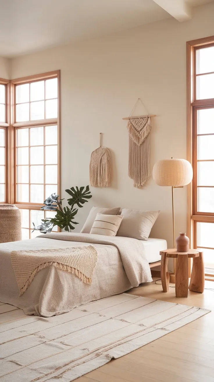 A queen-size bed, macrame, and rattan accents define this calming boho bedroom, bathed in sunlight and minimalist Japanese style.