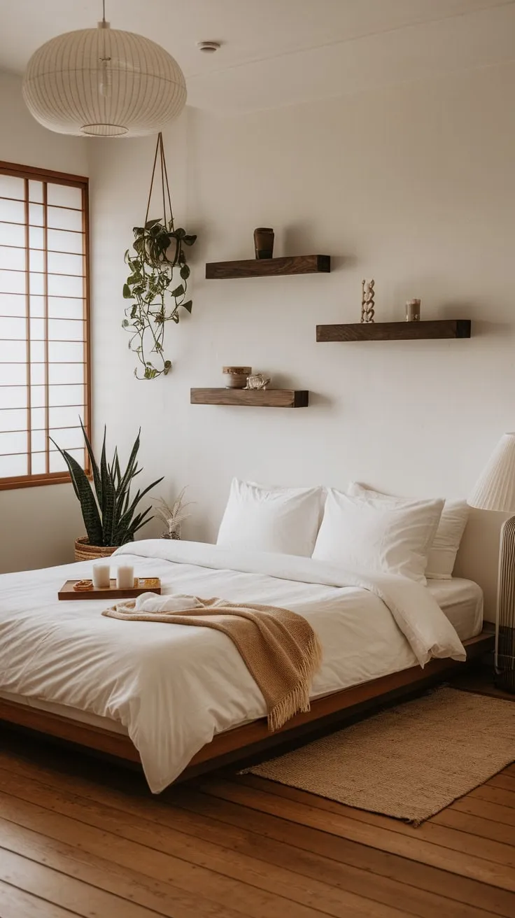 Find serenity in a minimalist boho bedroom featuring Asian-inspired decor, natural wood, and calming neutrals.