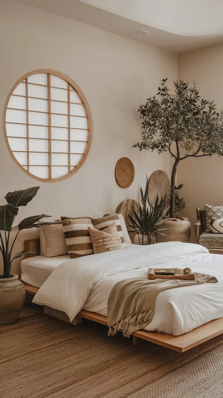 Earthy tones, a circular window, and a woven rug create a serene minimalist boho bedroom infused with Asian influences.