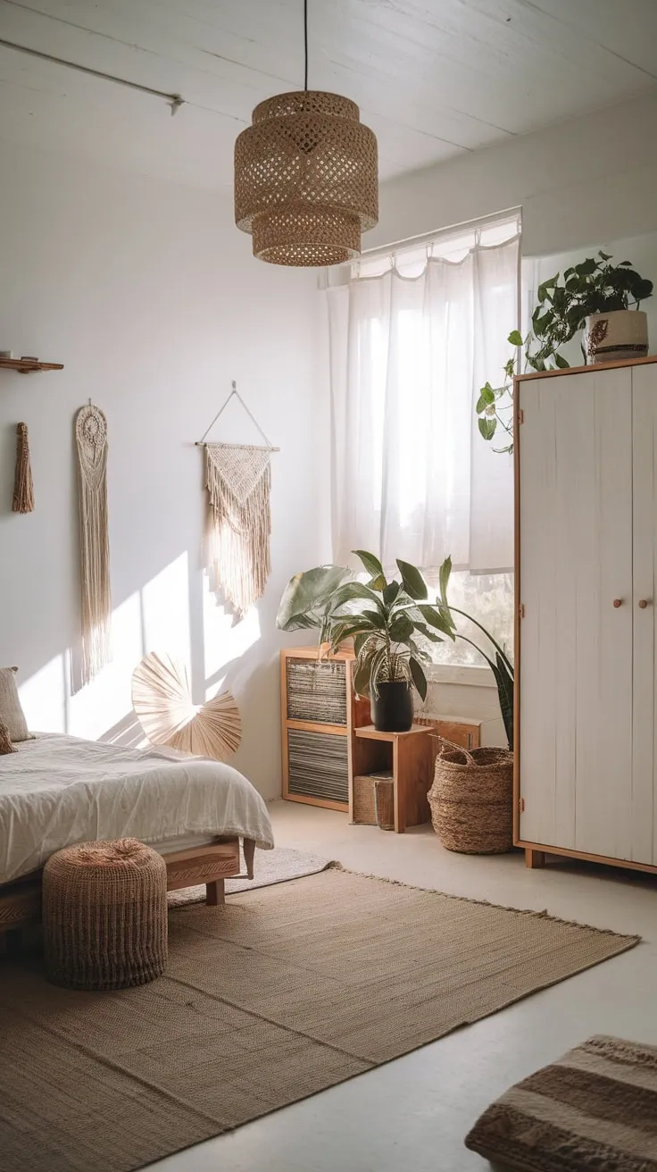 Sunlight streams into a minimalist boho bedroom, showcasing Japanese-inspired decor and essential wooden furniture amidst a calming, plant-filled space.