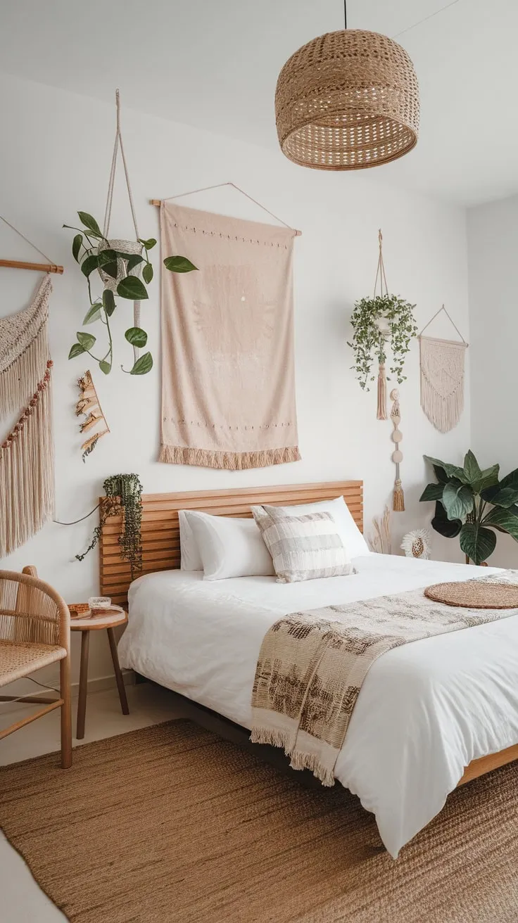 Woven rugs, wooden accents, and a tapestry complete the serene boho bedroom's minimalist Japanese aesthetic.