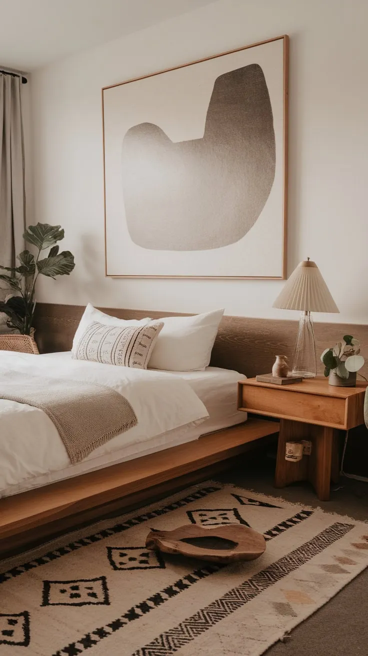 A Japanese-inspired minimalist boho bedroom features a calming palette of natural materials and artistic accents creating a peaceful sanctuary.