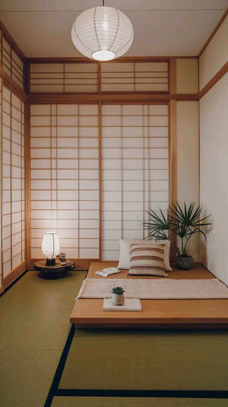 Find serenity in a minimalist boho bedroom featuring tatami mats, a low platform bed, and calming Japanese-inspired decor