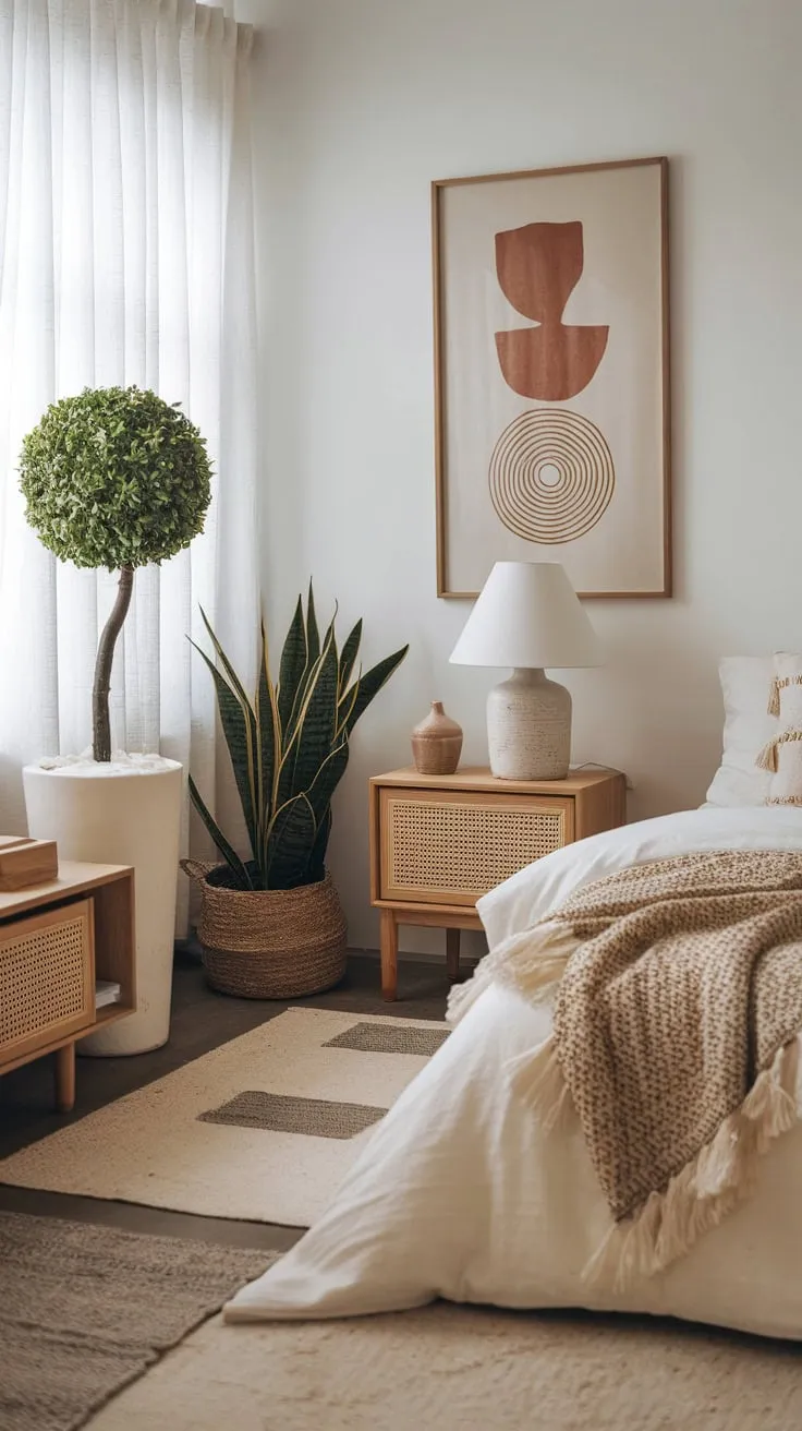 A minimalist boho bedroom blends Asian influences with natural textures and geometric art for a serene and stylish space