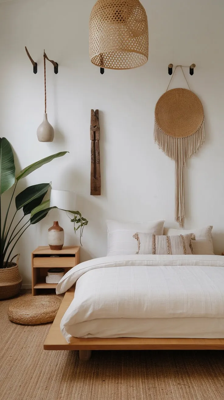 Serene minimalism meets Japanese zen in a boho bedroom featuring a low platform bed, natural textures, and calming décor