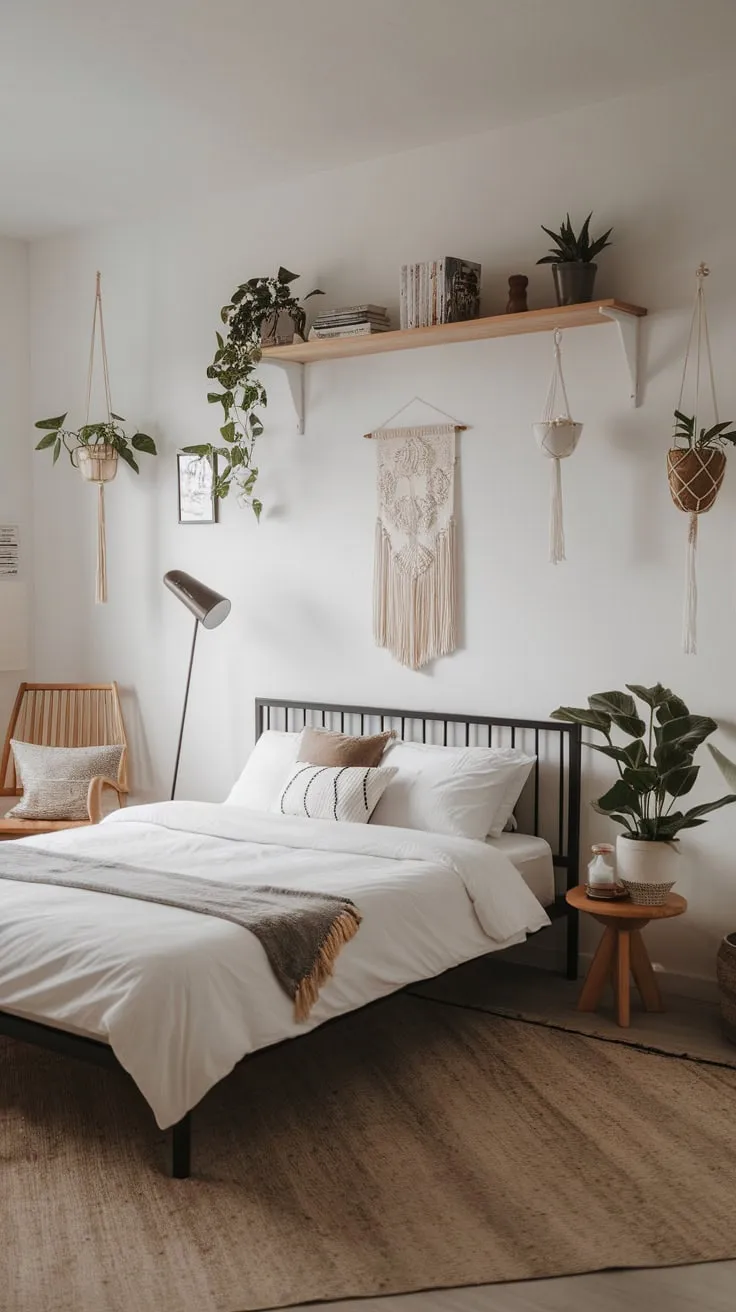 A tranquil boho haven features Japanese influences, simple furnishings, and hanging plants for a peaceful retreat.