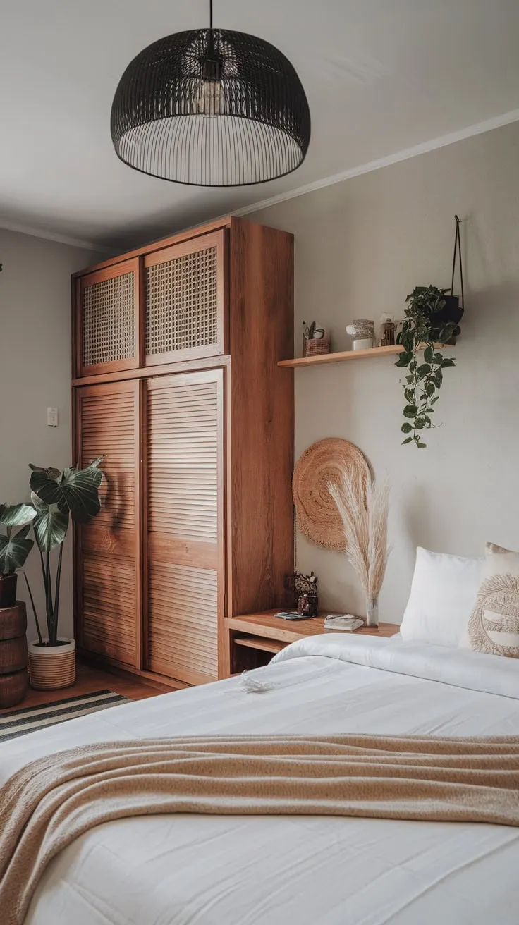 Light gray walls and wooden floors ground a peaceful boho bedroom accented with Asian-inspired details and a touch of minimalist design.