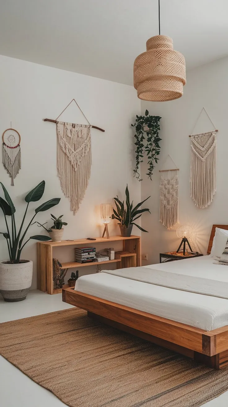 A minimalist boho master bedroom blends natural wood, woven textures, and eclectic decor for a serene and stylish retreat