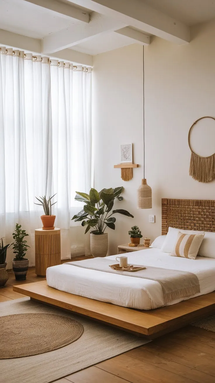 Serene minimalist boho bedroom blends Asian-inspired decor with natural wood and abundant light.