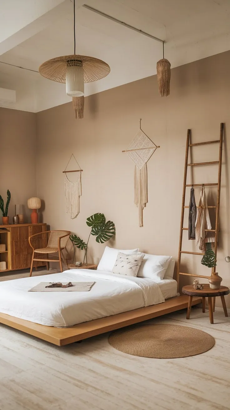 A light-filled boho bedroom showcases Japanese-inspired minimalism, featuring a platform bed and natural elements for a peaceful atmosphere.