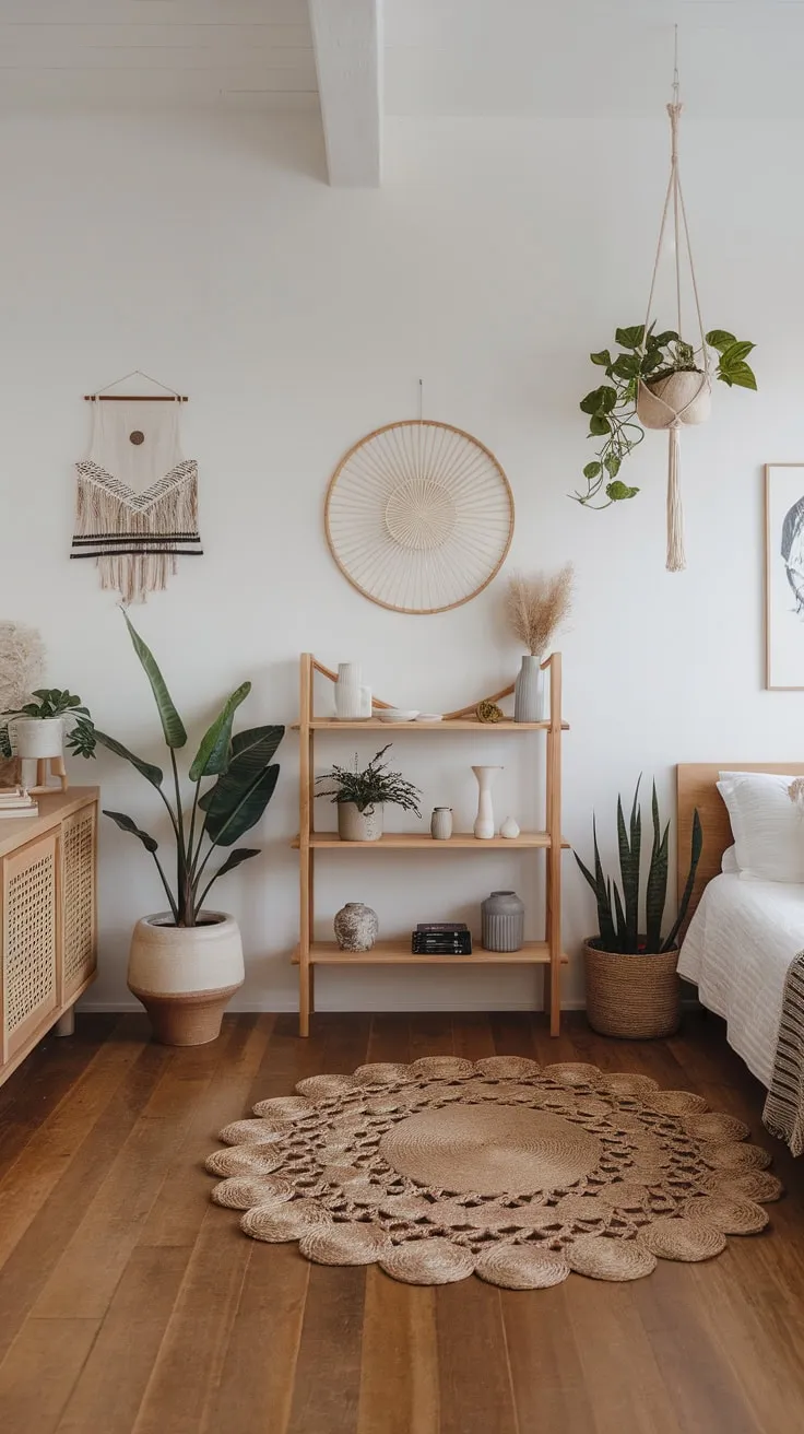 Serene Japanese-inspired boho minimalism fills a bedroom with woven textures, wooden accents, and calming plants.