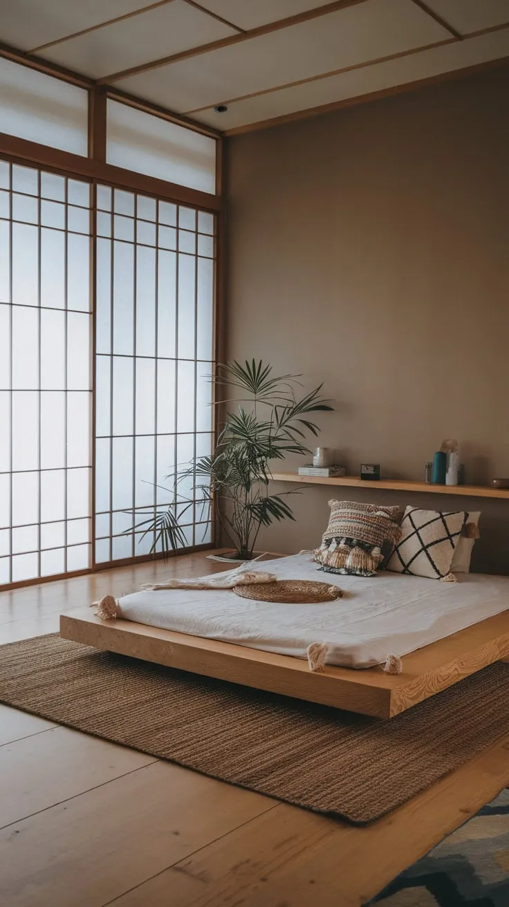 Sunlight streams into a serene minimalist boho bedroom featuring a low platform bed, shoji screen, and calming natural elements.
