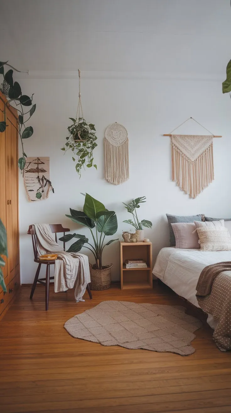 Calm serenity meets minimalist boho chic in a Japanese-inspired bedroom, featuring natural wood and carefully curated decor.