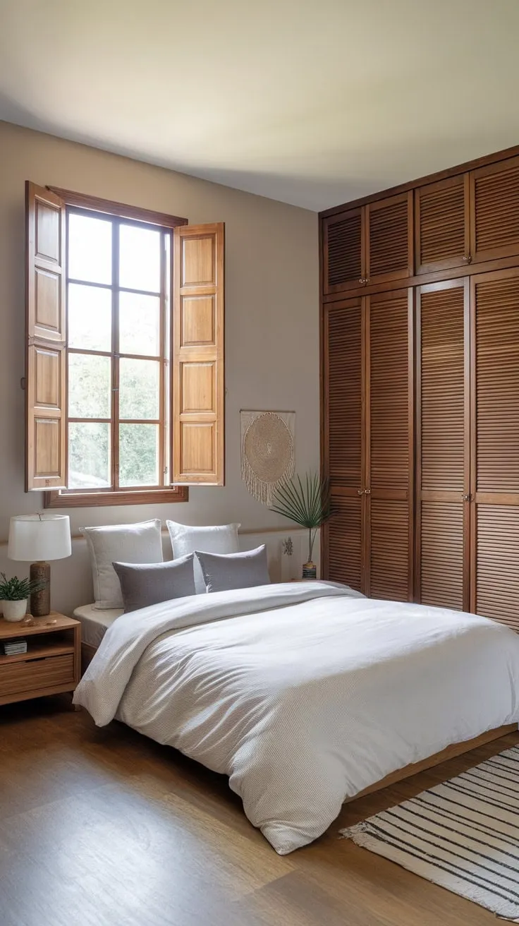 Neutral beige walls and natural wood accents create a serene minimalist boho chic bedroom sanctuary.