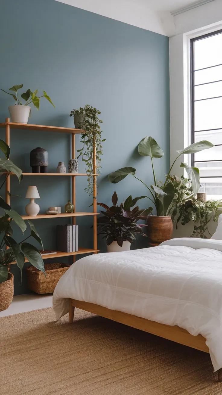 A Japanese-inspired boho bedroom blends natural light, potted plants, and simple wooden furniture for a serene atmosphere.