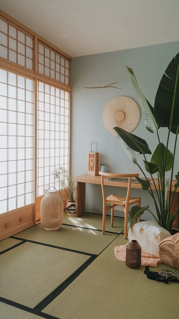 A Japanese-inspired boho chic bedroom features a calming light blue palette, tatami flooring, and simple wooden furniture, accented by lush greenery and subtle decor.