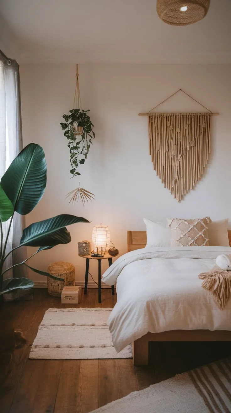 Serene boho chic meets minimalist Japanese design in a sun-drenched bedroom, featuring natural wood, calming plants, and handcrafted accents.