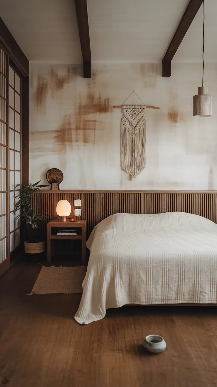 A serene queen-sized bed anchors a minimalist boho bedroom infused with Japanese and Asian accents, creating a peaceful retreat.