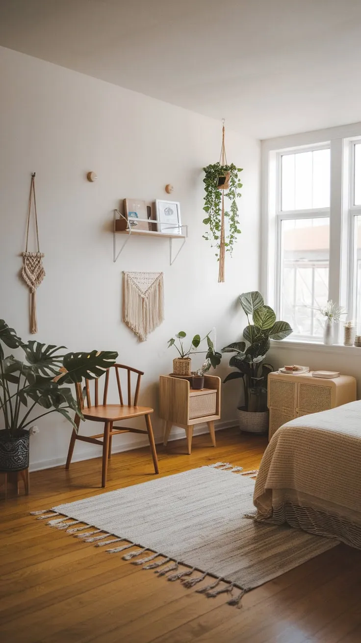 Sunlight streams into a minimalist boho chic bedroom, creating a calm oasis with natural wood, sparse furniture, and lush greenery.