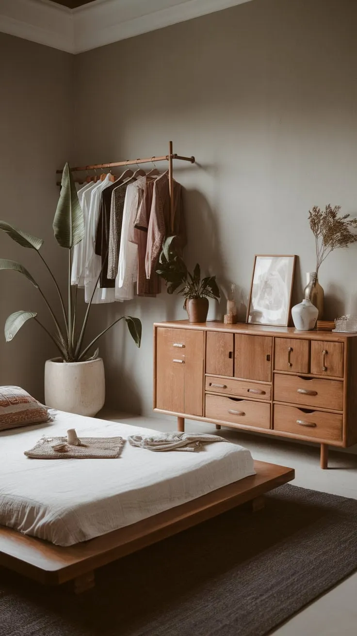 Serene gray walls and a low wooden bed create a minimalist boho-chic bedroom with Asian-inspired accents and soft lighting