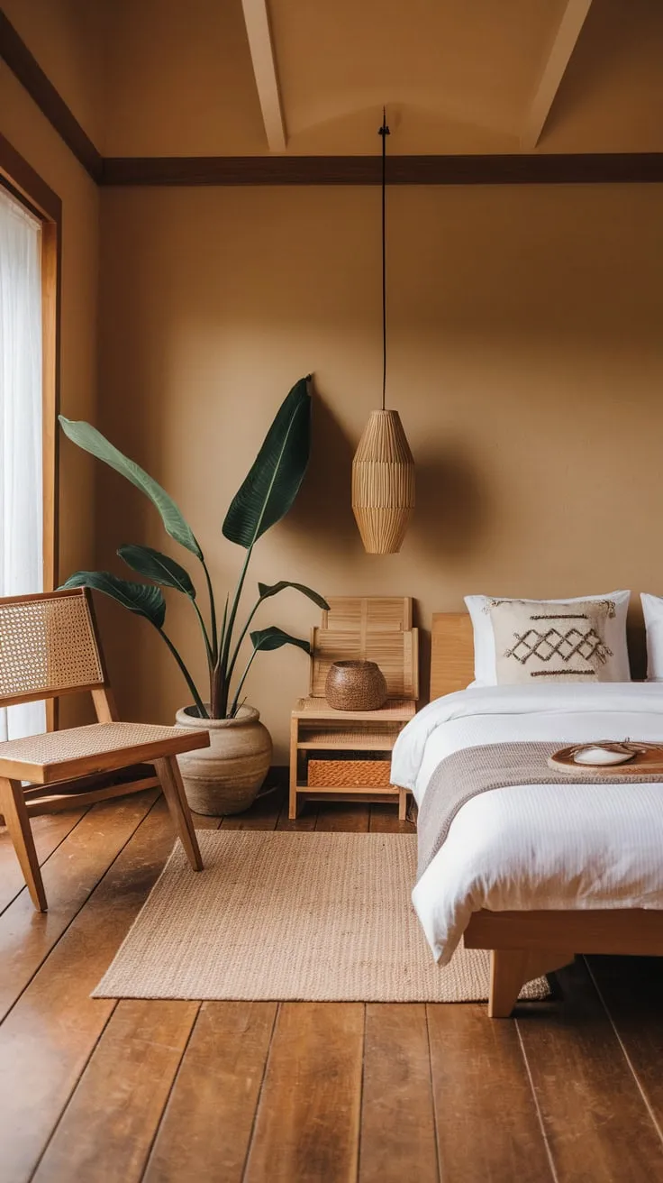 Warm beige walls and minimal wooden furniture create a serene boho-chic bedroom with subtle Asian influences.