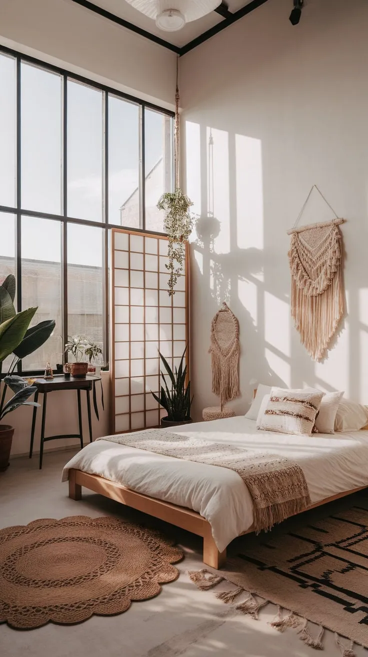 A high-ceilinged bedroom blends minimalist design with boho chic style, incorporating Japanese influences and natural light.