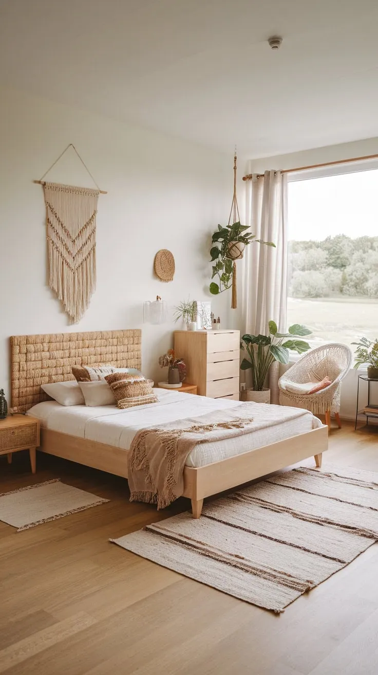 Woven headboards, hanging plants, and a peaceful view transform this minimalist bedroom into a tranquil boho chic sanctuary.