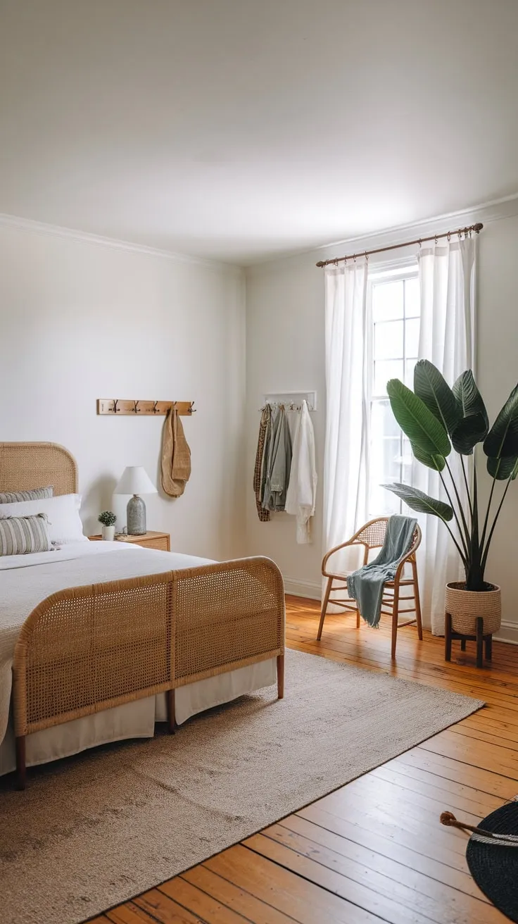 A queen bed, large plant, and carefully chosen accents define this airy, white-walled boho chic haven.