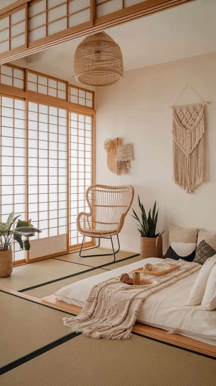 A minimalist Japanese-inspired bedroom blends effortlessly with boho textures and calming neutrals for a tranquil retreat.