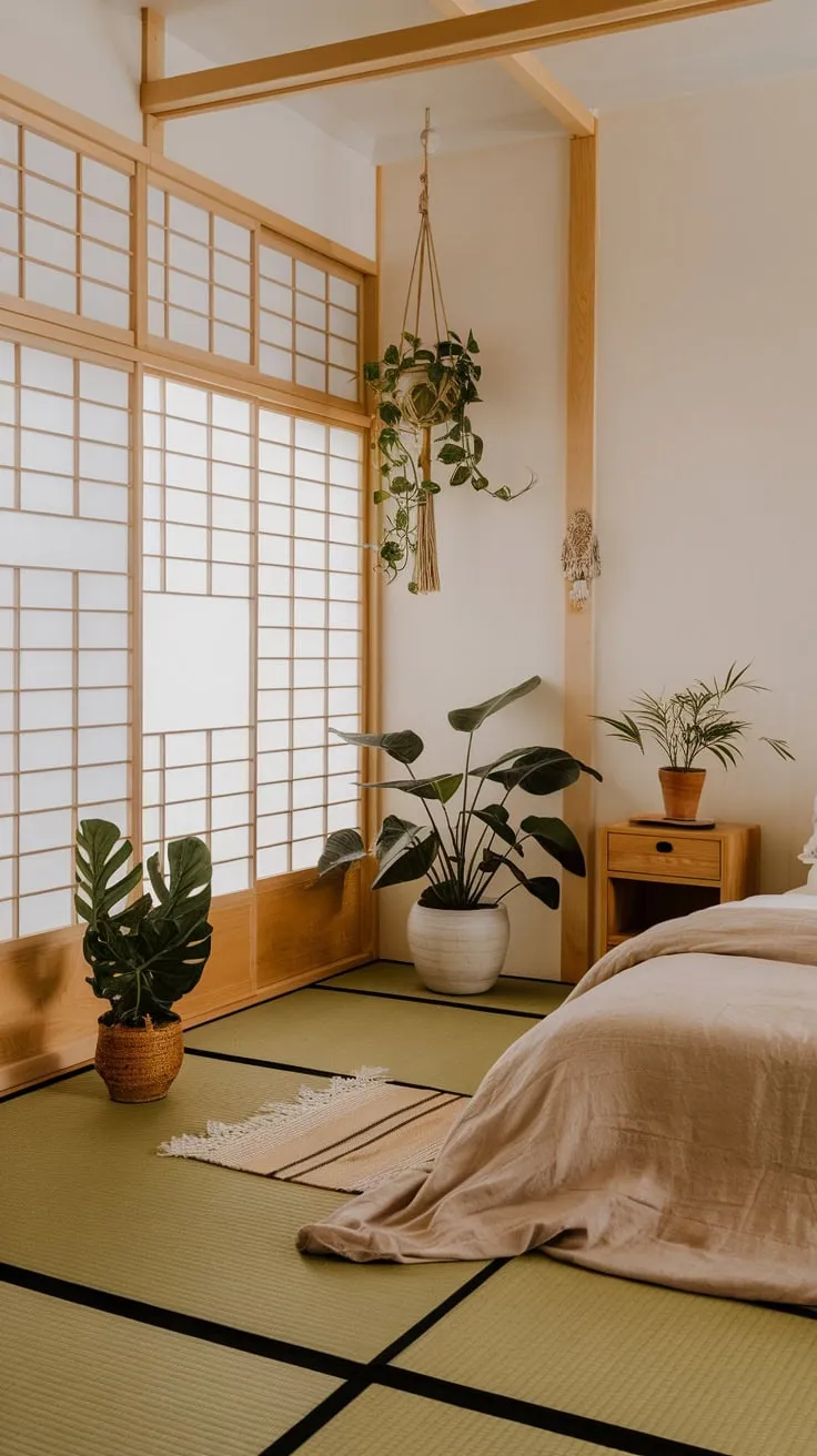 Serene minimalist boho chic meets Japanese design in a bedroom featuring tatami mats, shoji screens, and lush greenery.